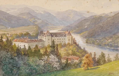 Blick über Schloss Grein auf die Donau